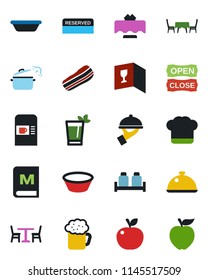 Color and black flat icon set - cafe vector, coffee machine, dish, restaurant table, cook hat, wine card, menu, reserved, phyto bar, beer, bacon, waiter, salt and pepper, open close, bowl