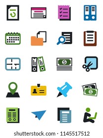 Color and black flat icon set - identity vector, office binder, document search, reload, pin, cash, clipboard, folder, paper, cut, checklist, contract, plan, calendar, plane, schedule