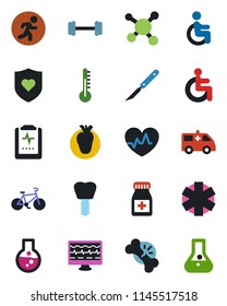 Color and black flat icon set - heart pulse vector, monitor, pills bottle, scalpel, ambulance star, car, barbell, bike, run, shield, disabled, real, implant, broken bone, clipboard, molecule, flask