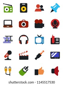 Color And Black Flat Icon Set - Clapboard Vector, Film Frame, Camera, Microphone, Radio, Tv, Video, Headphones, Laptop Pc, Phone, Speaker, Group, Finger Up, Paper Pin, Rca, Jack Connector, Sound