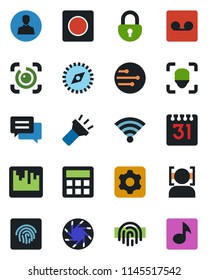 Color and black flat icon set - message vector, mobile camera, settings, user, calculator, record, scanner, network, calendar, wireless, torch, compass, lock, face id, eye, fingerprint, music