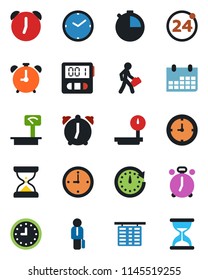 Color and black flat icon set - 24 around vector, alarm clock, flight table, calendar, heavy scales, stopwatch, manager, sand