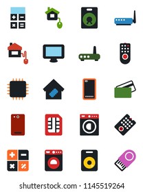 Color and black flat icon set - washer vector, calculator, monitor, speaker, phone back, sim, smart home, credit card, control, chip, remote, router, usb flash