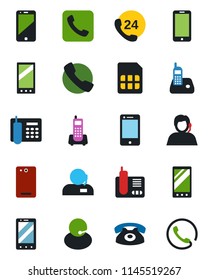 Color and black flat icon set - mobile phone vector, office, 24 hours, support, cell, radio, back, call, sim