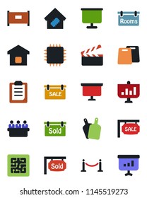 Color and black flat icon set - fence vector, presentation board, meeting, clapboard, clipboard, sale, rooms, sold signboard, smart home, cutting, chip