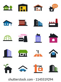 Color and black flat icon set - office building vector, factory, house, greenhouse, store, warehouse storage, with garage, tree, city, crane, eco, warm floor, home message