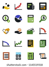 Color and black flat icon set - calculator vector, crisis graph, receipt, news, pie, abacus, contract, credit card, handshake, growth, money search, investment