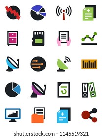 Color and black flat icon set - antenna vector, satellite, office binder, crisis graph, document, reload, diagnosis, barcode, sd, network, monitor statistics, pie, folder, point, archive box