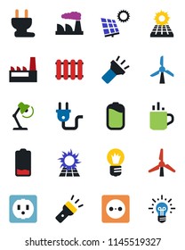 Color and black flat icon set - hot cup vector, bulb, factory, low battery, torch, desk lamp, sun panel, windmill, socket, power plug, radiator, idea