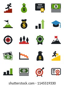 Color and black flat icon set - growth statistic vector, pedestal, graduate, money bag, cash, sertificate, bar graph, target, career ladder, motivation, crisis, certificate