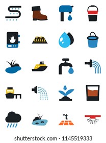 Color and black flat icon set - bucket vector, watering, boot, water drop, rain, pond, drip irrigation, sea shipping, port, supply, drink, heater, warm floor, sprinkler