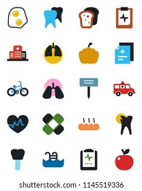 Color and black flat icon set - plant label vector, pumpkin, heart pulse, diagnosis, patch, ambulance car, bike, lungs, tooth, caries, implant, clipboard, hospital, pool, bread, omelette