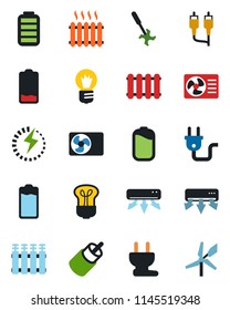 Color and black flat icon set - bulb vector, ripper, battery, low, rca, charge, heater, air conditioner, power plug, radiator, windmill