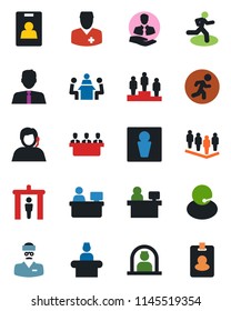 Color and black flat icon set - security gate vector, male, reception, pedestal, team, manager place, run, doctor, support, client, identity card, meeting, estate agent, pass