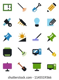 Color and black flat icon set - drawing pin vector, bulb, job, pencil, shovel, rake, satellite, hdmi, brightness, presentation board, plan, rolling, pc