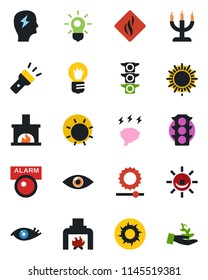 Color and black flat icon set - sun vector, brainstorm, bulb, eye, traffic light, torch, brightness, fireplace, candle, smoke detector, alarm led, palm sproute
