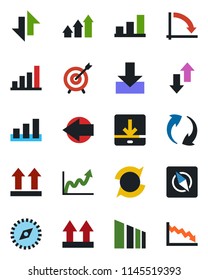Color and black flat icon set - left arrow vector, crisis graph, up side sign, sorting, update, data exchange, download, compass, bar, target, growth