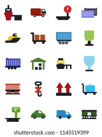 Color and black flat icon set - baggage trolley vector, railroad, sea shipping, truck trailer, cargo container, car delivery, port, fragile, up side sign, no hook, warehouse, heavy scales