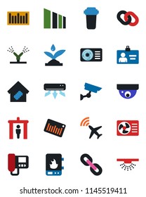 Color and black flat icon set - plane radar vector, security gate, identity card, sorting, barcode, chain, air conditioner, smart home, irrigation, water heater, intercome, filter, surveillance