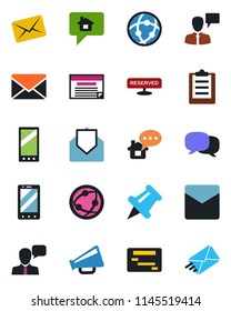 Color and black flat icon set - mobile phone vector, speaking man, mail, loudspeaker, network, speaker, paper pin, message, clipboard, reserved, home, schedule