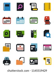 Color and black flat icon set - document search vector, notepad, calendar, contract, medical, folder, copybook, news, printer, book, schedule
