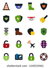 Color and black flat icon set - plane radar vector, border cone, lock, boot, heart shield, traffic light, protect, key, intercome, home, surveillance, sprinkler, crisis management