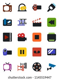 Color and black flat icon set - ticket office vector, clapboard, film frame, reel, tv, video camera, pause button, stop, rewind, hdmi, record, intercome, surveillance