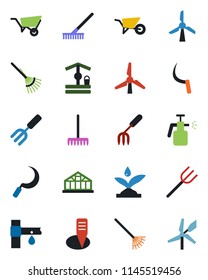Color and black flat icon set - garden fork vector, farm, rake, wheelbarrow, well, sickle, plant label, greenhouse, sprayer, drip irrigation, windmill