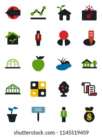 Color and black flat icon set - bomb in case vector, left arrow, manager, contract, seedling, plant label, greenhouse, pond, application, point graph, house with tree, fruit, estate agent, apple