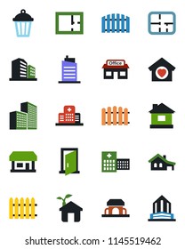 Color and black flat icon set - fence vector, house, garden light, hospital, store, office building, with garage, plan, sweet home, city, cafe, eco, door