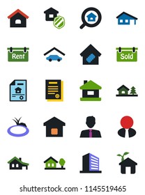 Color and black flat icon set - office building vector, pond, contract, house, with garage, tree, estate document, rent, sold signboard, search, agent, smart home, insurance, eco