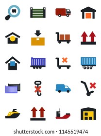 Color and black flat icon set - sea shipping vector, truck trailer, cargo container, car delivery, warehouse storage, up side sign, no trolley, hook, package, search