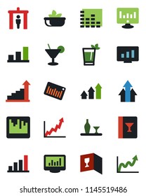 Color and black flat icon set - security gate vector, growth statistic, monitor, barcode, equalizer, scanner, statistics, bar graph, alcohol, wine card, cocktail, phyto, salad, arrow up
