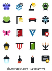 Color and black flat icon set - pennant vector, butterfly, garden light, heart, themes, sertificate, desk lamp, cushioned furniture, candle, snowflake, outdoor, door, pennon, certificate