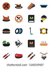 Color and black flat icon set - spoon and fork vector, cafe, menu, salad, plates, bacon, waiter, bread, chicken, steak, kebab, hamburger, ladle, bowl, sushi