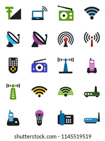 Color and black flat icon set - antenna vector, satellite, wireless notebook, office phone, radio, remote control, cellular signal, router