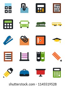 Color and black flat icon set - airport bus vector, checkroom, book, calculator, graduate, abacus, presentation board, paper clip, pencil, stapler, case