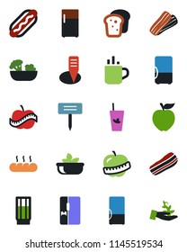 Color and black flat icon set - hot cup vector, plant label, diet, fridge, drink, phyto bar, salad, bacon, bread, dog, apple fruit, palm sproute