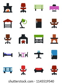 Color and black flat icon set - cafe vector, bed, office chair, bench, fireplace, desk lamp, cushioned furniture, restaurant table, alcove, fridge