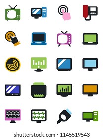 Color and black flat icon set - radar vector, notebook pc, statistic monitor, pulse, tv, touch screen, laptop, hdmi, statistics, intercome