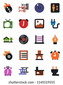 Color and black flat icon set - elevator vector, alarm clock, fireplace, film frame, vinyl, flame disk, gallery, abacus, ink pen, house with tree, tv, power plug