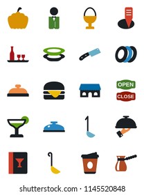Color and black flat icon set - coffee vector, plant label, pumpkin, waiter, alcohol, wine card, reception, cocktail, plates, egg stand, cafe building, open close, hamburger, ladle, knife, turkish