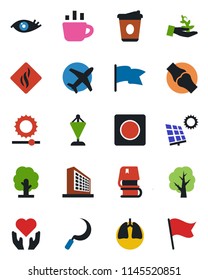 Color and black flat icon set - office building vector, pennant, coffee, tree, sickle, heart hand, lungs, eye, joint, plane, record, brightness, book, sun panel, smoke detector, palm sproute, flag