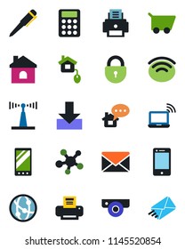 Color and black flat icon set - wireless notebook vector, lock, mail, pen, house, antenna, network, cell phone, share, mobile, download, calculator, printer, home control, web camera, message, cart