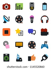 Color and black flat icon set - satellite antenna vector, reel, camera, gamepad, equalizer, video, remote control, touch screen, dialog, headphones, monitor, radio phone, speaker, finger up, battery