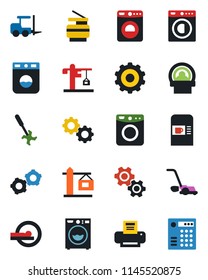 Color and black flat icon set - coffee machine vector, washer, fork loader, gear, lawn mower, ripper, tomography, printer, copier, crane, combination lock