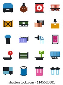 Color and black flat icon set - trash bin vector, watering, railroad, truck trailer, cargo container, consolidated, package, oil barrel, heavy scales, archive box, water filter