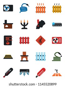 Color and black flat icon set - hose vector, fireplace, thermometer, heater, air conditioner, candle, water, smoke detector, radiator, warm floor