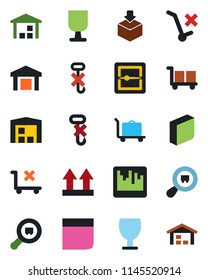 Color and black flat icon set - baggage trolley vector, fragile, cargo, up side sign, no, hook, warehouse, package, search, scanner, blank box