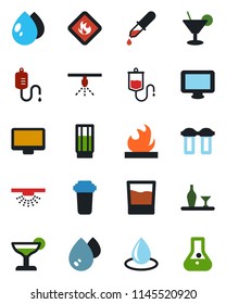 Color and black flat icon set - water drop vector, dropper, flammable, monitor, alcohol, drink, cocktail, filter, sprinkler, flask